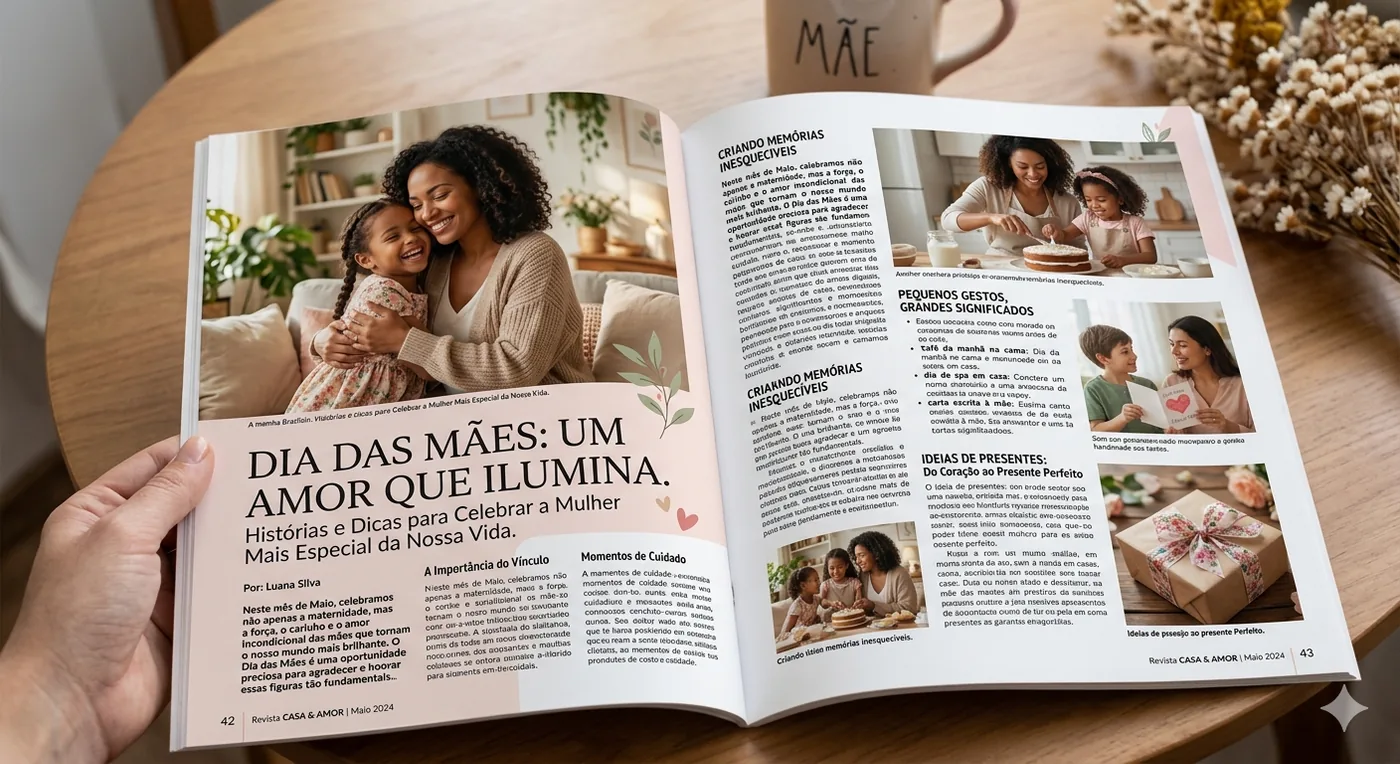 Quantos dias faltam para o Dia das Mães 2026 com ilustração de mãe e filha, contagem regressiva e ideias de presentes